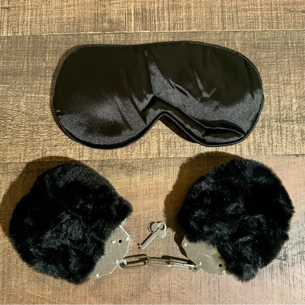*NWT* Black Satin Sleep Mask and Furry Handcuffs Set